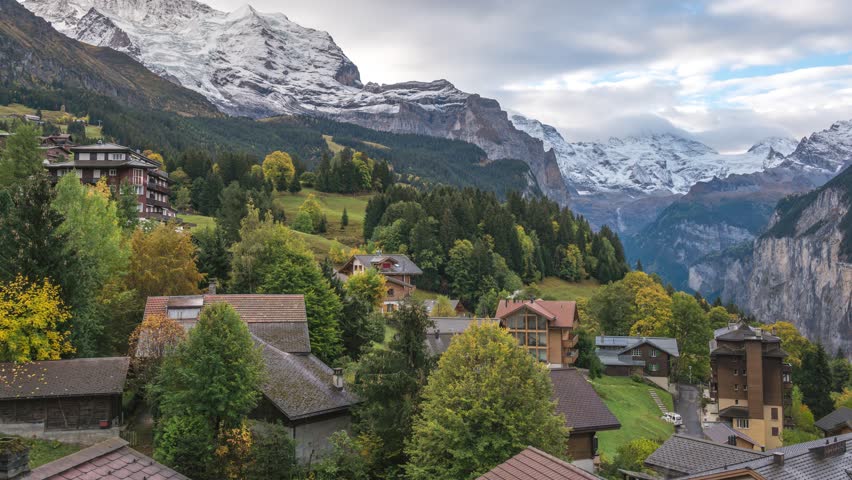 Wengen Switzerland time lapse city skyline at Wengen village and Jungfrau peak in autumn season