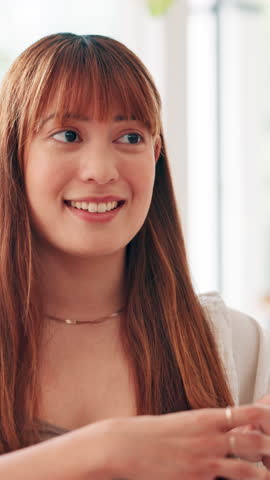 Woman, talking and happy at coffee shop with friends, laugh and funny memory for reunion at restaurant. Girl, conversation and smile with comic story, gossip and listen with discussion at cafeteria
