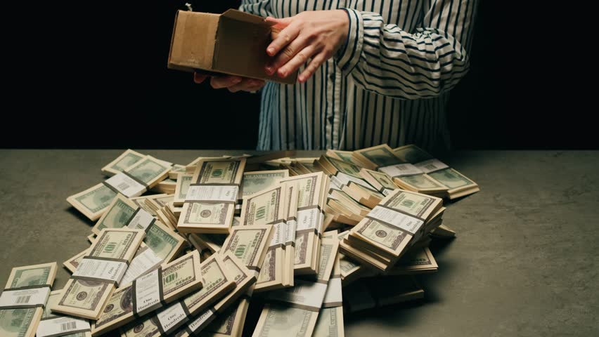 Banknotes and bag counter, Specialised police officer Counting dollar euro banknotes in crime lab with machine, cashed out criminal money, bitcoin changing, buying home flat in bank. 