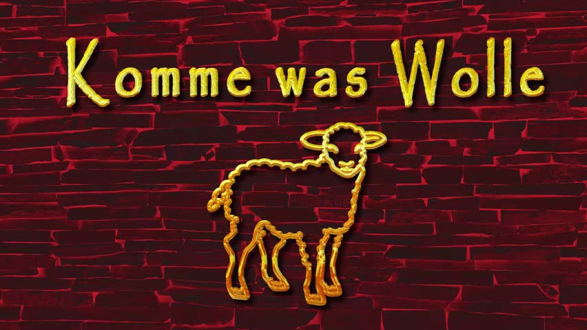 Komme was Wolle (German come what may, wordplay) golden text and silhouette of sheep on red brick wall eye catching 10s 4k video art, special effects, encouragement by digital postcard, sweet!