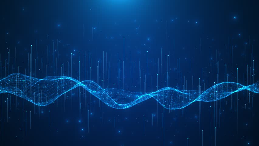 Futuristic Data flow transfer high speed internet AI analysis. Big data machine learning network technology particles. Wave Technology Animation Dark flowing dynamic digital waveforms presentations.