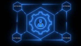 Neon glowing network animation with gear and businessman icon isolated on black background. Business network connection concept with glowing lines and icons. 4K video animated - Powered by Shutterstock - Get 15% off with code: PIKWIZARD15