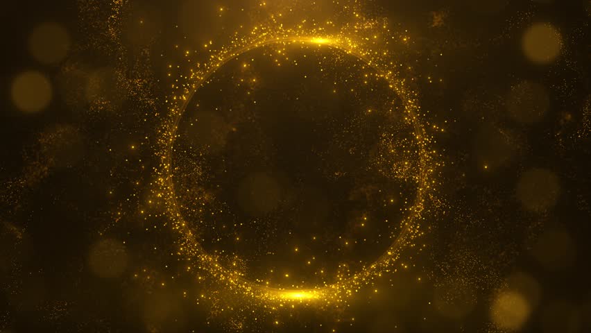 Golden glitter circle Festive luxury golden glitter circle sparkling sparkling light shine. 4k special events awards ceremony. Gold glittering ring, magic glow, bright light sparks with bokeh effect