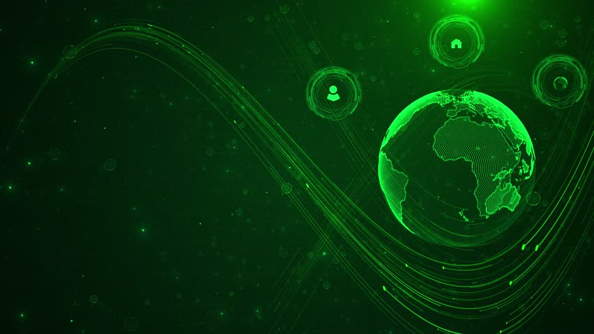 Environmental technology concept. development Green digital globe with network connections, data processing animation over dark background. Technology, global, futuristic, cyber, virtual, earth - Powered by Shutterstock - Get 15% off with code: PIKWIZARD15