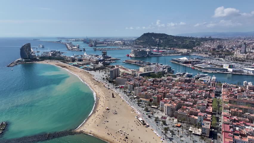 Barcelona Skyline At Barcelona In Catalonia Spain. Beach Landscape. Bay Harbor Scenery. Downtown District. Barcelona Skyline At Barcelona In Catalonia Spain. Amazing Cityscape. Spain Skyline.