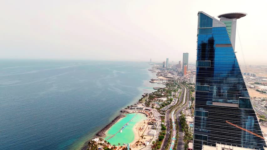 Jeddah: Aerial view of jeddah city in Saudi Arabia, skyline of Waterfront, Red Sea - drone landscape panorama 4k video