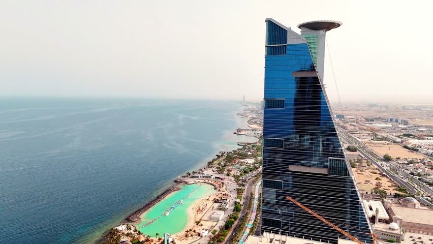 Jeddah: Aerial view of jeddah city in Saudi Arabia, skyline of Waterfront, Red Sea - drone landscape panorama 4k video