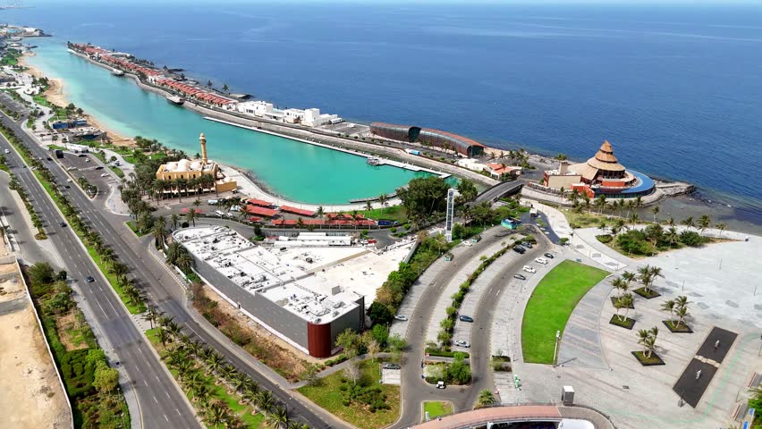 Jeddah: Aerial view of jeddah city in Saudi Arabia, skyline of Waterfront, Red Sea - drone landscape panorama 4k video