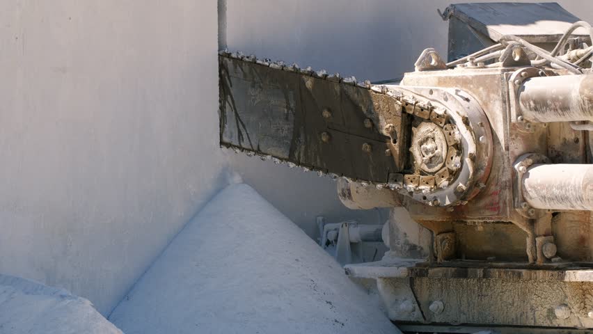 Marble quarry mining, industrial saw cutting rock into large pieces for further processing