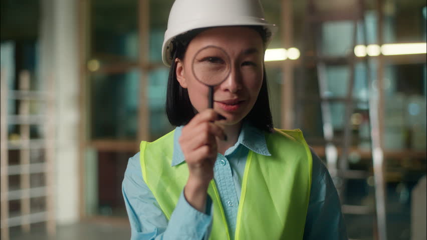 Asian woman engineer inspector look through magnifier vision Chinese Korean Japanese girl architect builder looking magnifying glass big zoomed eye search analyze building construction investigation