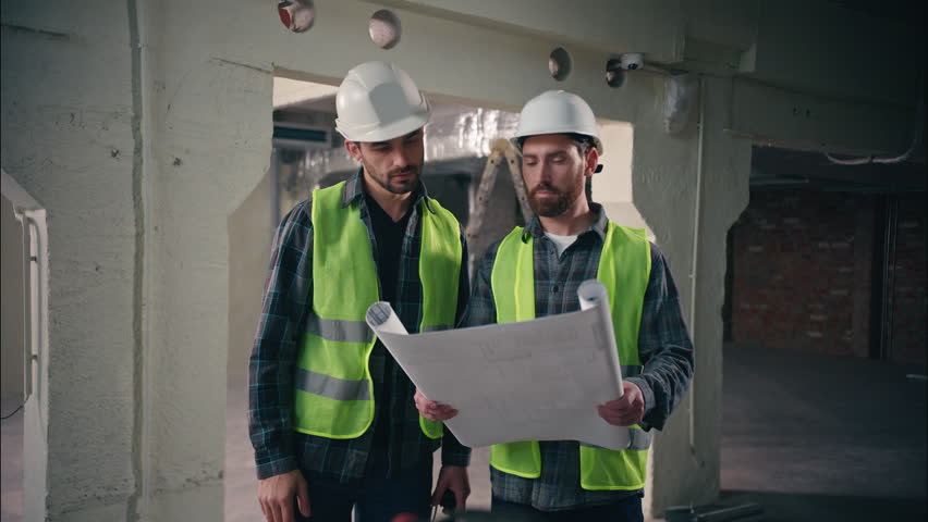 Caucasian men contractors builders males workers engineers discuss talking information in blueprint managers planning guys shaking hands agreement teamwork building project collaboration construction - Powered by Shutterstock - Get 15% off with code: PIKWIZARD15