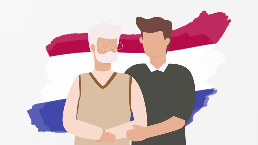 Animated Old father and son, Netherlands flag icon, symbol. Family, human rights, identity, relationship concept. Slow motion vector animation, motion graphic video footage. Isolated white screen - Powered by Shutterstock - Get 15% off with code: PIKWIZARD15