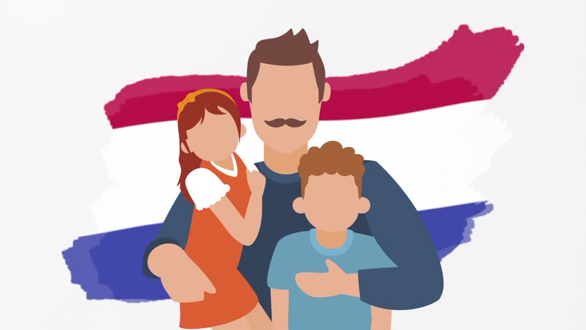 Animated father daughter son, Netherlands flag icon, symbol. Family, human rights, identity, relationship concept. Slow motion vector animation, motion graphic video. Isolated white screen background - Powered by Shutterstock - Get 15% off with code: PIKWIZARD15