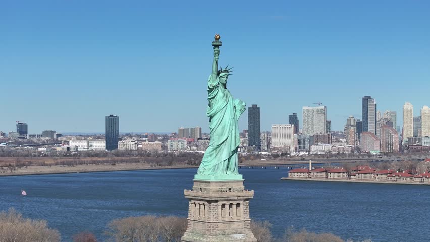 Statue Of Liberty At Manhattan In New York United States. Liberty State Park. Downtown New York City. Statue Of Liberty At New York United States. Boat Sailing Scene.