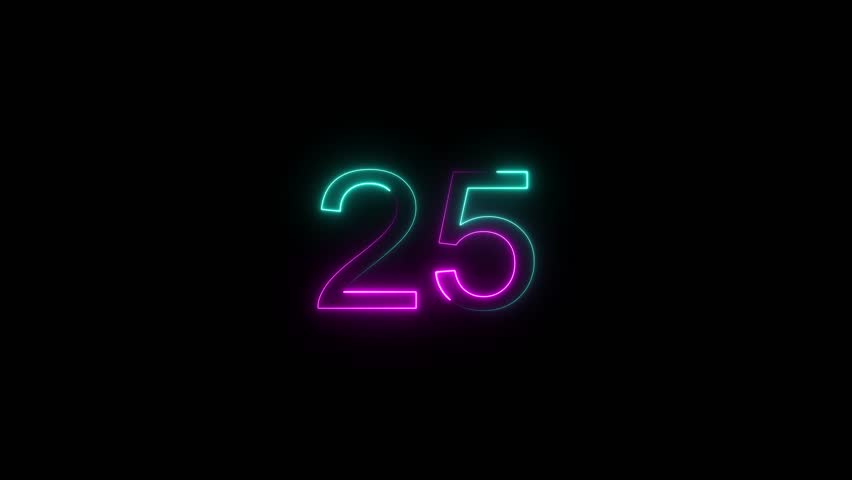 A dynamic glowing neon number 25 animation . on a black background. and creating a stunning video.4k video.