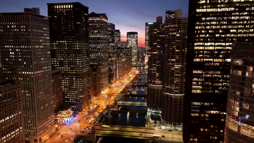 Sunset Skyline Downtown Chicago At Chicago In Illinois United States. Highrise Buildings Landscape. Colorful Sunset. Chicago At Illinois United States. Stunning Cityscape. Downtown Scenery.