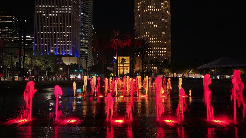 Night view of Downtown Tampa At Tampa In Florida United States. Water Dance Landscape. Fountain Scenery. Downtown Tampa At Tampa In Florida United States.