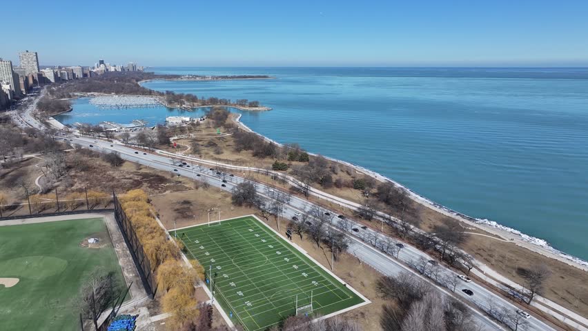 Chicago Skyline At Chicago In Illinois United States. Coastline Cityscape. Waterfront Landscape. Chicago Skyline At Illinois United States. Metropolitan District. Seascape Background.
