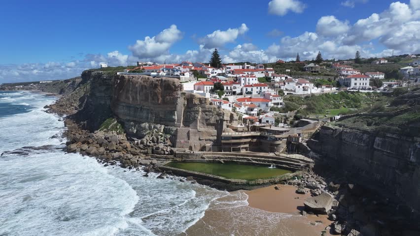 Azenhas Do Mar Beach At Sintra In Lisbon District Portugal. Beach Landscape. Tourism Landmark. Cityscape Aerial View. Azenhas Do Mar Beach At Sintra In Lisbon District Portugal.
