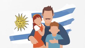 Animated father daughter son, Uruguay flag icon, symbol. Family life, human rights, identity, relationship concept. Slow motion vector animation, motion graphic video. Isolated white screen background - Powered by Shutterstock - Get 15% off with code: PIKWIZARD15