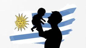 Animated father and child, Uruguay flag icon, symbol. Family life, human rights, identity, relationship concept. Slow motion vector animation, motion graphic video. Isolated white screen background - Powered by Shutterstock - Get 15% off with code: PIKWIZARD15