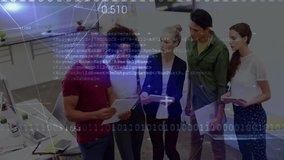 coworkers clustering around tablet in open-plan office, displaying binary code and glowing lines. Collaboration, team, innovation, digital, productivity, modern, communication - Powered by Shutterstock - Get 15% off with code: PIKWIZARD15