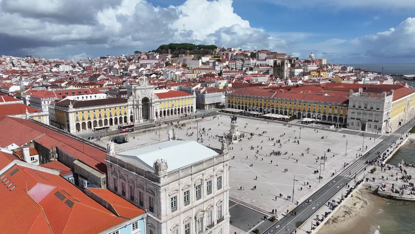 Comercio Square At Lisbon In Lisbon District Portugal. Augusta Arch Scenery. Ancient Cityscape. Comercio Square At Lisbon In Portugal. Historical City Landscape. Tourism Travel Landscape.