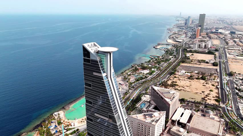 Jeddah: Aerial view of jeddah city in Saudi Arabia, skyline of Waterfront, Red Sea - drone landscape panorama 4k video