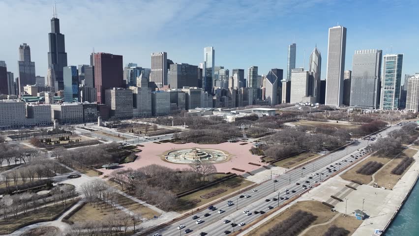 Lakefront Park At Chicago In Illinois United States. Downtown District. Highrise Buildings Landscape. Lakefront Park At Illinois United States. Metropolitan Park. Stunning Cityscape.