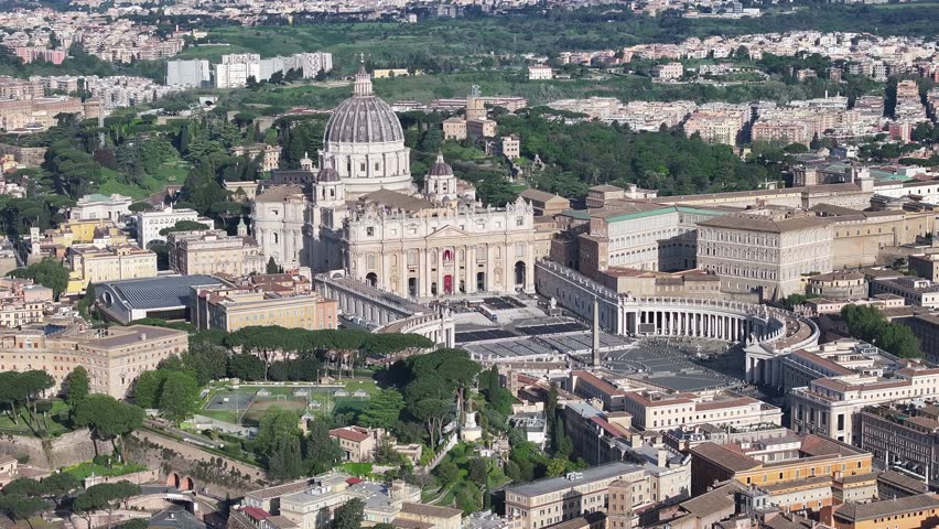 San Pedro Church At Rome In Lazio Italy. Vatican City High Angle View. San Pedro Square Scene. San Pedro Church At Rome In Lazio Italy. Catholic Church. Religion Background. Rome Skyline.