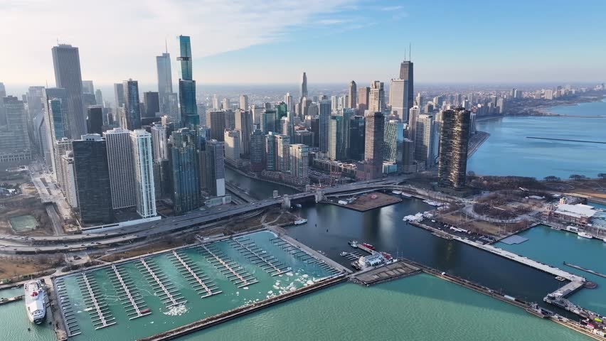 Chicago Skyline At Chicago In Illinois United States. Highrise Buildings Scene. Sunset City. Chicago Skyline At Illinois United States. Business District. Cityscape Aerial View.