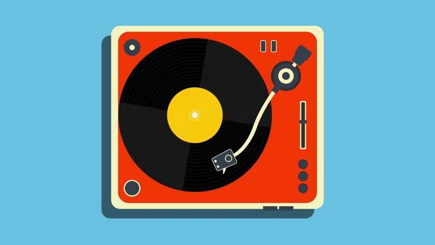 Flat design animation of a classic vintage vinyl turntable spinning on blue background. Retro music vibe for creative projects and media