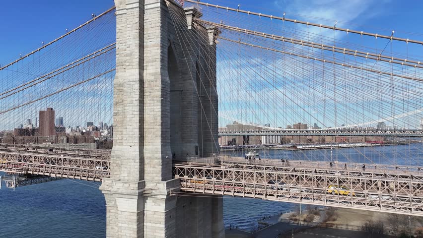 Brooklyn Bridge At Manhattan In New York United States. Highrise Buildings Scenery. Manhattan Bridge Landscape. Brooklyn Bridge At New York United States. Downtown Cityscape.