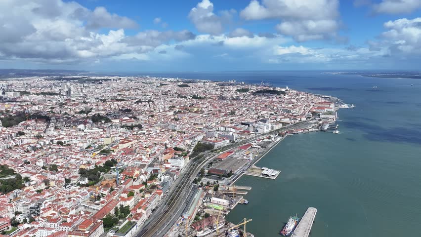 Lisbon Skyline At Lisbon In District Of Lisbon Portugal. Coastline Scenery. Beautiful Cityscape. Lisbon Skyline At Portugal. Historical City Landscape. Tourism Landmark.