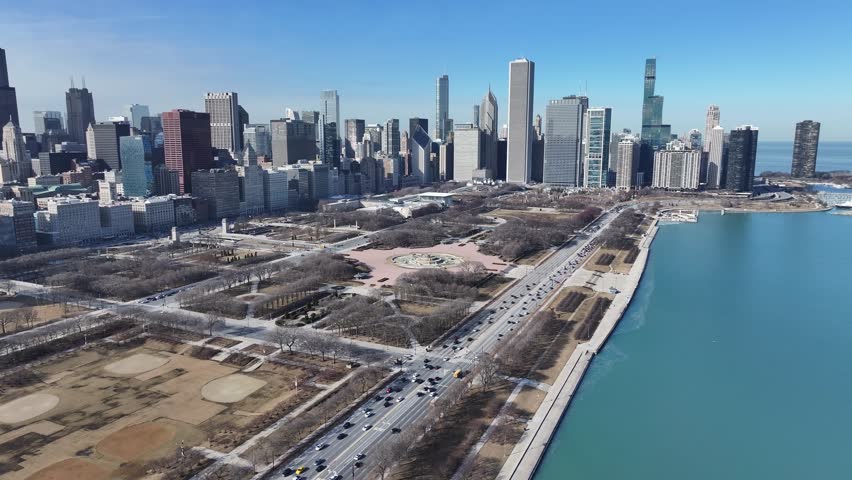 Lakefront Park At Chicago In Illinois United States. Downtown Cityscape. Leisure Park Landscape. Lakefront Park At Illinois United States. Metropolitan District. Big City Background.
