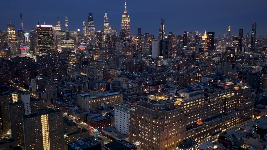 Night Skyline Of New York Skyline At Manhattan In New York United States. Night City Landscape. Financial District. New York Skyline At New York United States. Highrise Buildings Scenery.