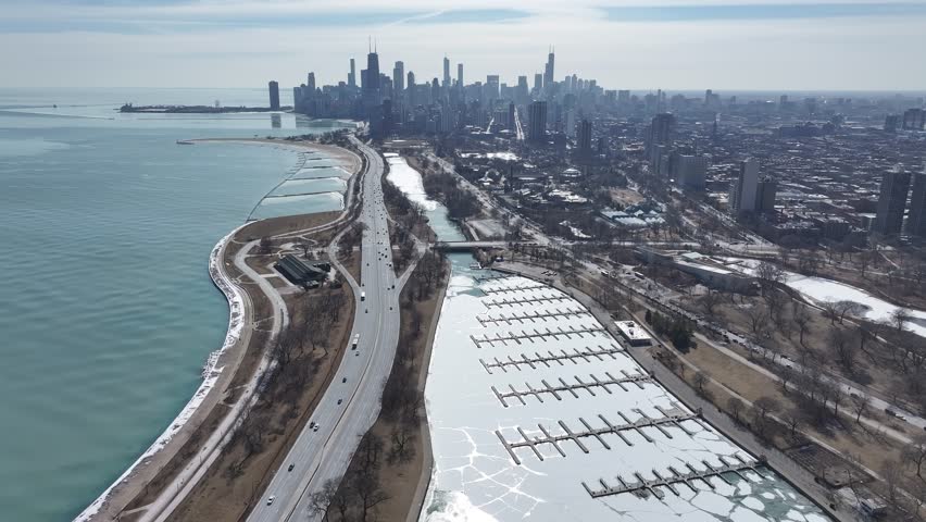 Chicago Skyline At Chicago In Illinois United States. Downtown District. Highrise Buildings Landscape. Chicago Skyline At Illinois United States. Lincoln Park Aerial View. Stunning Winter Background.