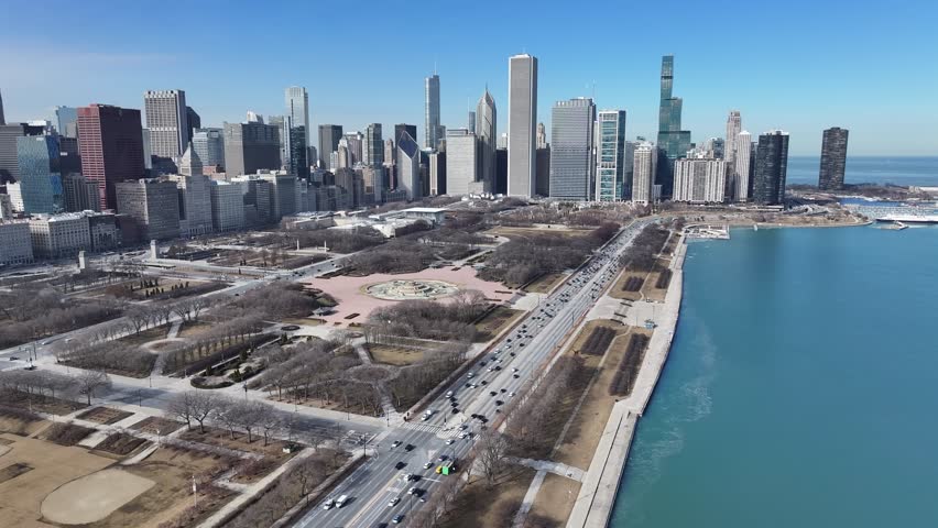 Chicago Skyline At Chicago In Illinois United States. Downtown Cityscape. Leisure Park Landscape. Chicago Skyline At Illinois United States. Metropolitan District. Big City Background.