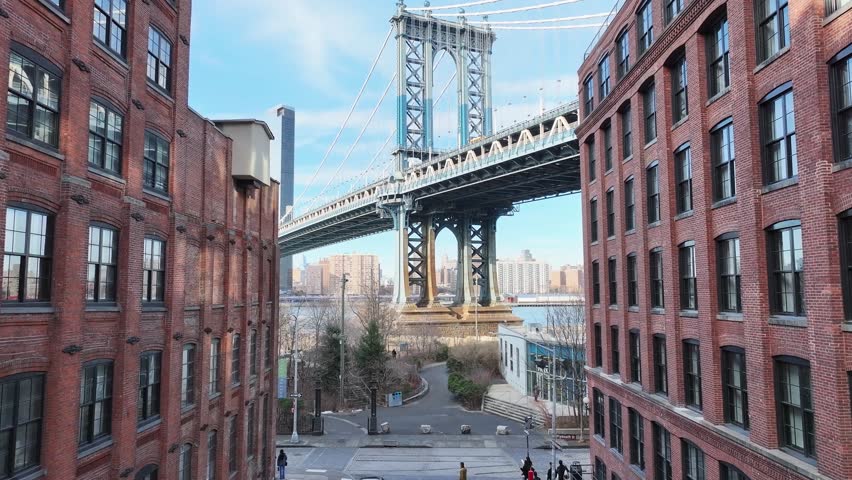 Brooklyn Skyline At Manhattan In New York United States. Highrise Buildings Scenery. Brooklyn Bridge Landscape. Brooklyn Skyline At New York United States. Traffic Background.
