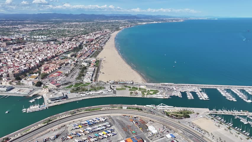Valencia Skyline At Valencia In Valencian Community Spain. Urban Beach. Bay Water Scenery. Downtown City. Valencia Skyline At Valencia In Valencian Community Spain. Peaceful Landscape.