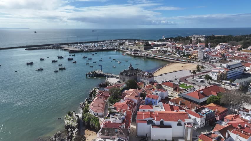 Cascais Skyline At Cascais In Lisbon District Portugal. Beach Landscape. Tourism Landmark. Cityscape Aerial View. Cascais Skyline At Cascais In Lisbon District Portugal.