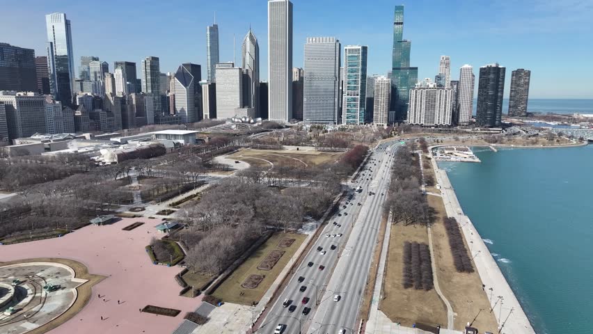 Chicago Skyline At Chicago In Illinois United States. Highrise Building Scenery. Downtown City Landscape. Chicago Skyline At Illinois United States. Business District. Nature Park Scene.