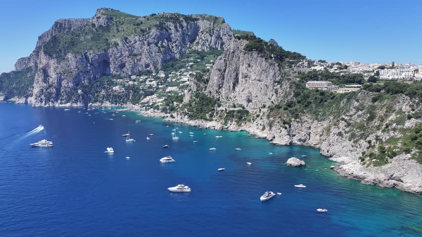 Island Of Capri At Naples In Campania Italy. Coastal City. Waterfront Landscape. Island Of Capri At Naples In Campania Italy. Beach Scenery. Medieval Buildings. Capri Skyline