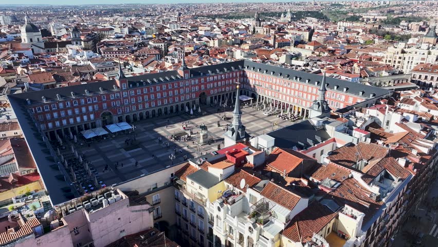 Plaza Mayor At Madrid In Community Of Madrid Spain. Medieval Buildings Landscape. Downtown District. Madrid At Community Of Madrid Spain. Mayor Square Scenery. Beautiful Cityscape.