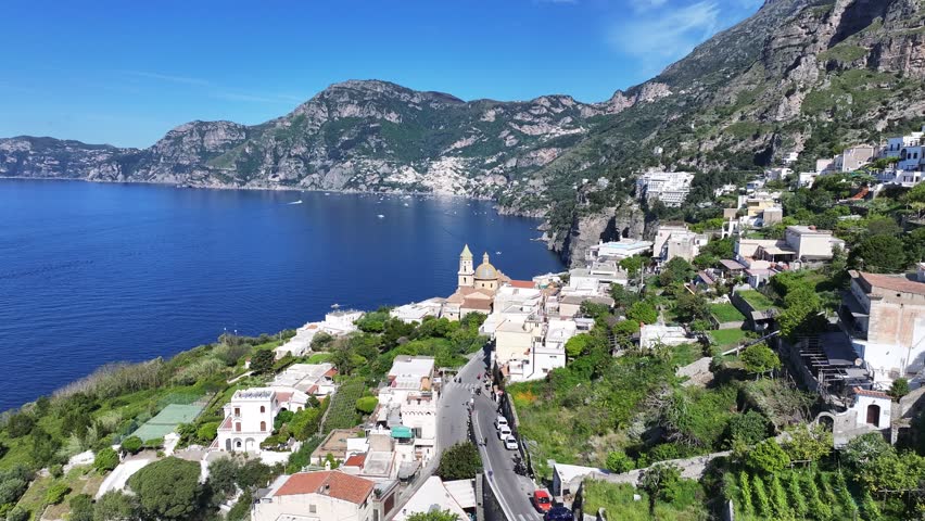 Amalfi Coast At Praiano In Salerno Italy. Beach Landscape. Giant Cliffs Scene. Amalfi Coast At Salerno Italy. Medieval City Skyline. Gulf Of Salerno Mediterranean Sea. Mediterranean Sea Skyline.