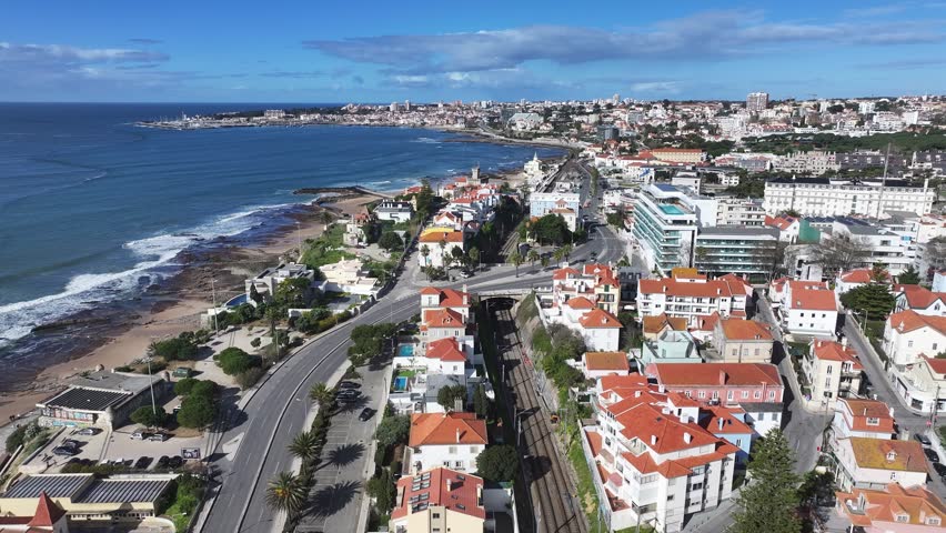 Cascais Skyline At Cascais In Lisbon District Portugal. Beach Landscape. Tourism Landmark. Cityscape Aerial View. Cascais Skyline At Cascais In Lisbon District Portugal.