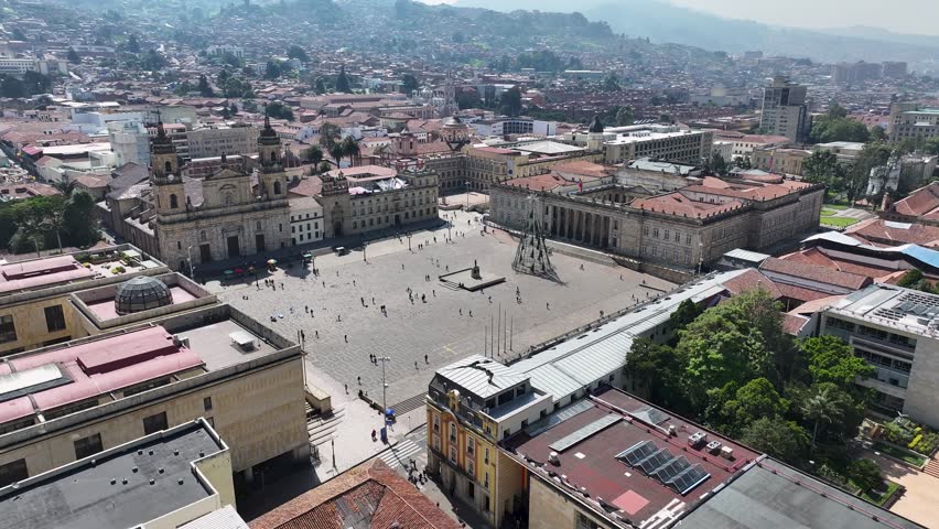Plaza De Bolivar At Bogota In Cundinamarca Colombia. Downtown Cityscape. Financial District Background. Bogota At Cundinamarca Colombia. High Rise Buildings. Business Traffic.
