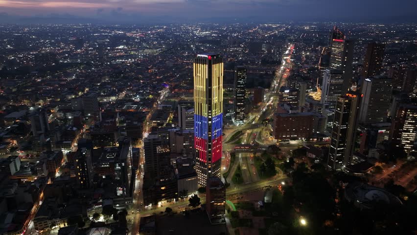 Bogota, District Capital, Colombia - 5.16.2025 - Sunset Skyline In Colpatria Tower At Bogota In District Capital Colombia. Sunset Bogota Colombia. Illuminated Downtown. Sunset City Landscape.