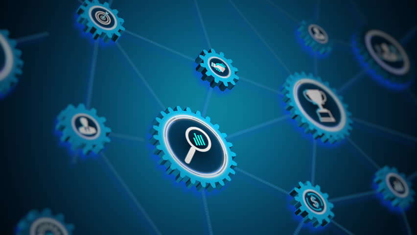 Business and technology icons connected through gears representing corporate network collaboration. Looping video and alpha channel for transparent background.