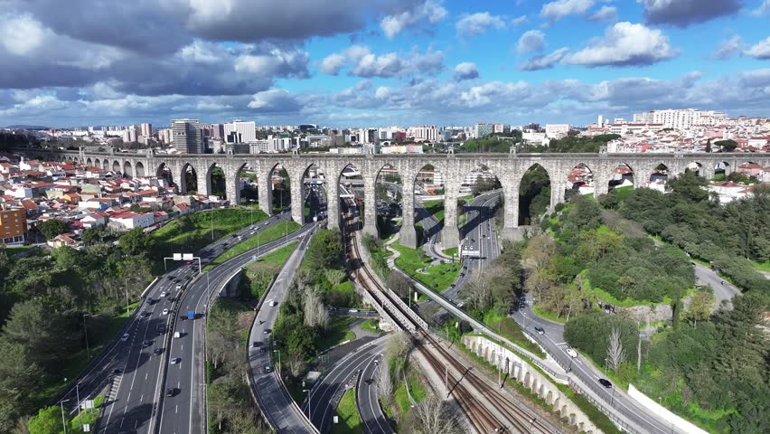 Aguas Livres Aqueduct At Lisbon In District Of Lisbon Portugal. Water System Aqueduct. Medieval Building. Aguas Livres Aqueduct At Lisbon In Portugal. Marvel Infrastructure. Railroad Landscape.